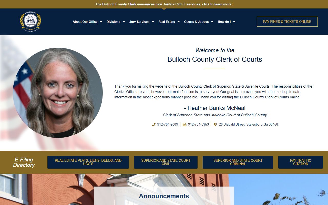 Bulloch County Clerk of Court homepage showing records request and court division access