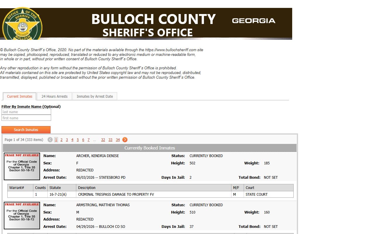 Bulloch County inmate roster current inmates search fields and booking records