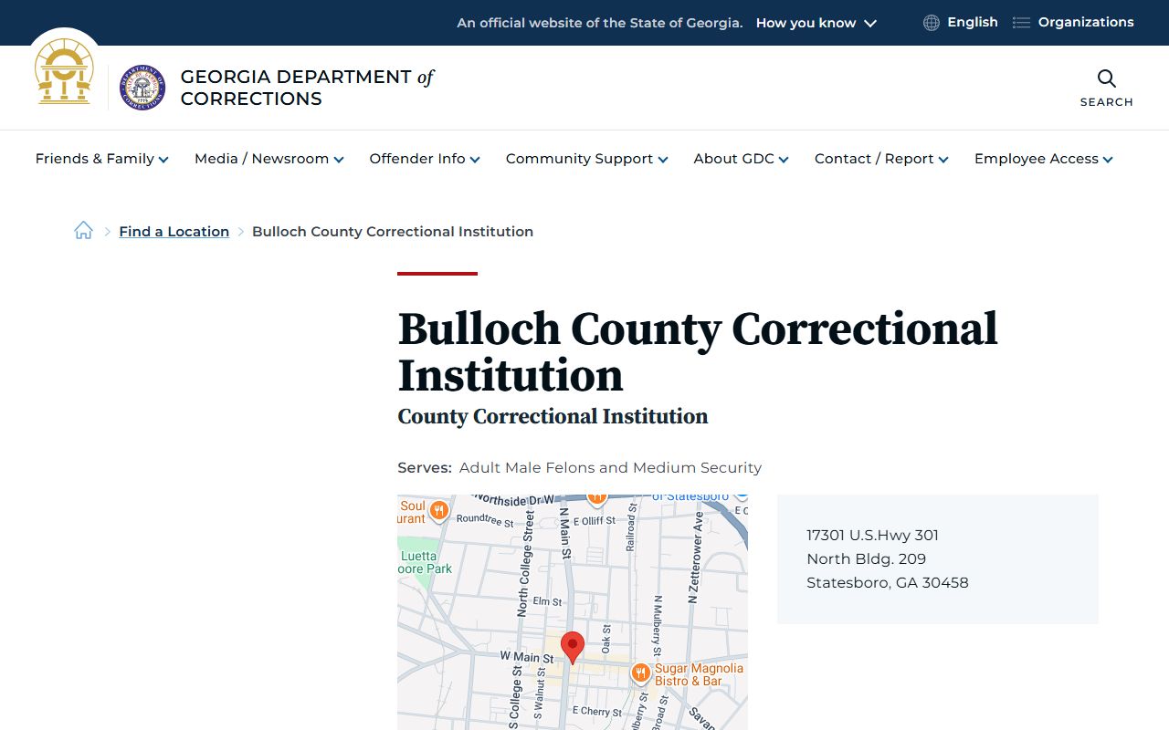 Bulloch County Correctional Institution GDC facility page for offender lookup and programs