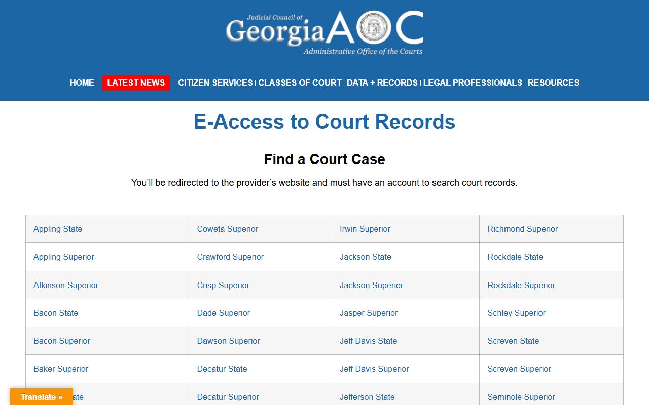 Georgia Courts e-access directory listing Bulloch court access through PeachCourt